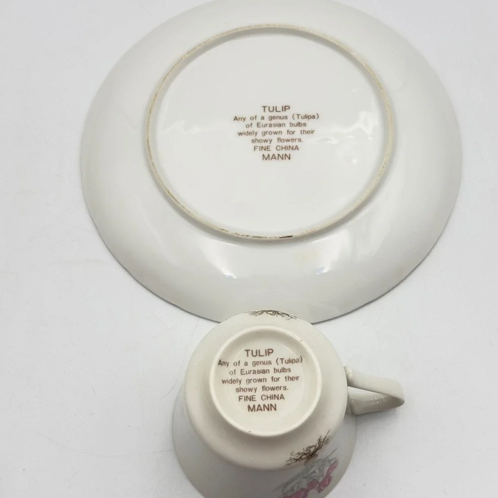 Mann Fine China Tulip Botanical Tea Cup and Saucer Set Vintage White Pink Floral